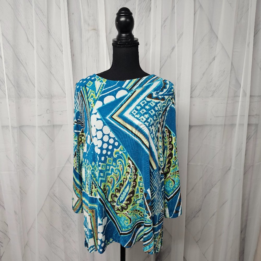 Chico's Travelers Teal Blue & Green Abstract Print Long Sleeve Blouse